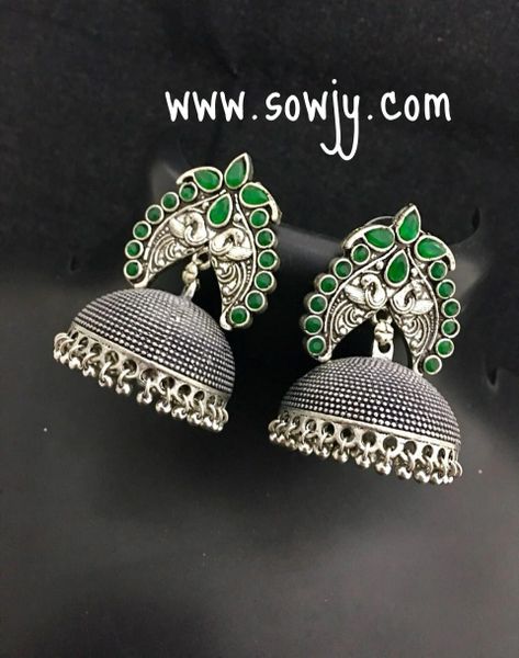 Big Peacock Studded Emerald Stone Large Sized oxidised Jhumkas!!!