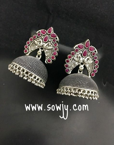 Big Peacock Studded Ruby Stone Large Sized oxidised Jhumkas!!!