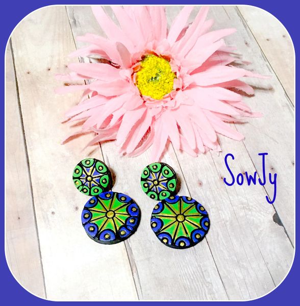 Very Light Weighted terracotta Chakra Design Earrings- Dark Blue and Light Green Shade!!!