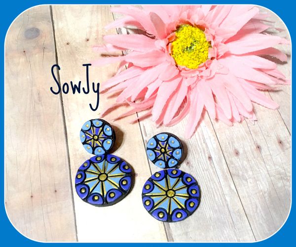 Very Light Weighted terracotta Chakra Design Earrings- Dark Blue and Light Blue Shade!!!