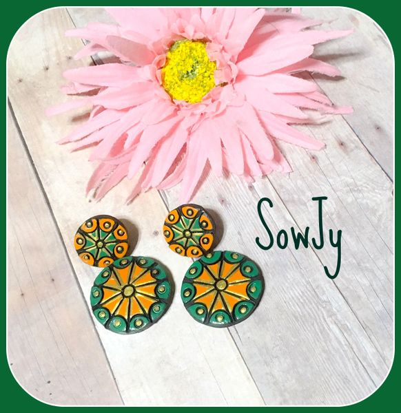 Very Light Weighted terracotta Chakra Design Earrings- Green and Orange Shade!!!