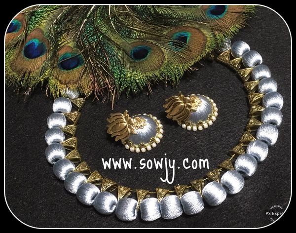 Simple and Trendy Silver Grey Silk Thread Choker Necklace with DEsigner Jhumkas!!!