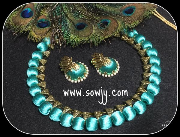 Simple and Trendy SEA GREEN Silk Thread Choker Necklace with DEsigner Jhumkas!!!