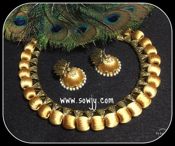 Simple and Trendy GOLD Silk Thread Choker Necklace with DEsigner Jhumkas!!!