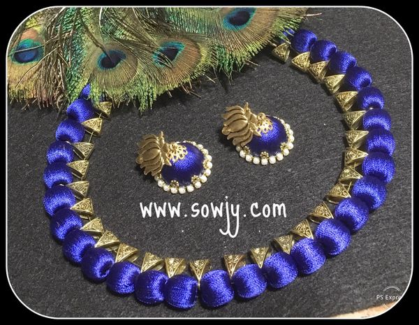 Simple and Trendy Peacock Blue Silk Thread Choker Necklace with DEsigner Jhumkas!!!