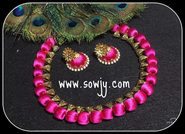 Lovely and Trendy SIlk Thread Necklace and Jhumkas in Bright Pink Shade!!!