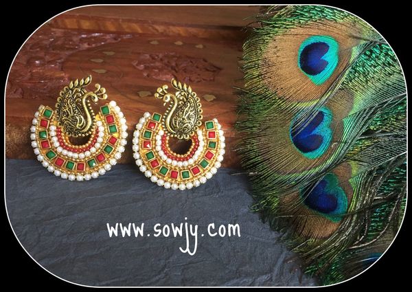 Lovely Grand Peacock Chaandbali Earrings with Red and Green Stones!!!!
