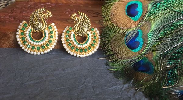 Lovely Grand Peacock Chaandbali Earrings with Dark Green Stones!!!!