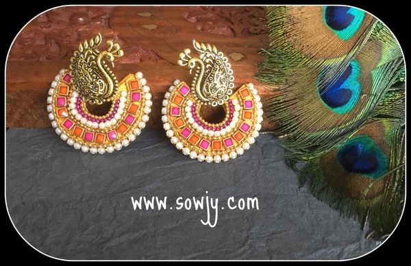 Lovely Grand Peacock Chaandbali Earrings with Orange and Pink Stones!!!!