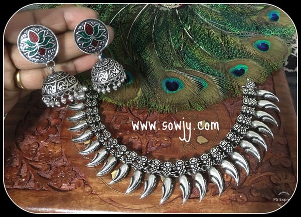 Spike Shaped Oxidised Designer necklace with Floral Medium Sized Jhumkas!!!!