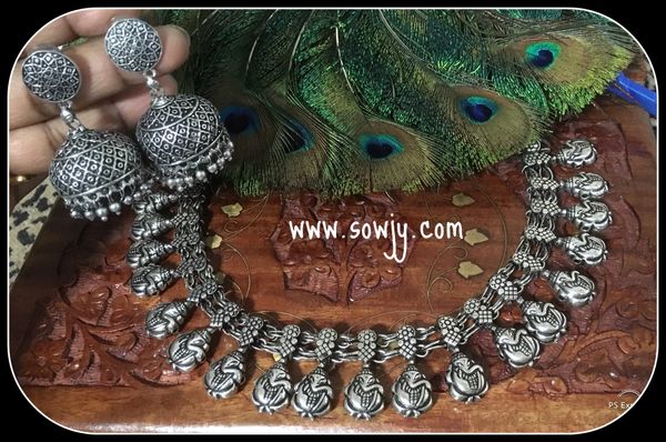 Trendy Ganesha Oxidised Necklace with Large Sized Jhumkas!!!