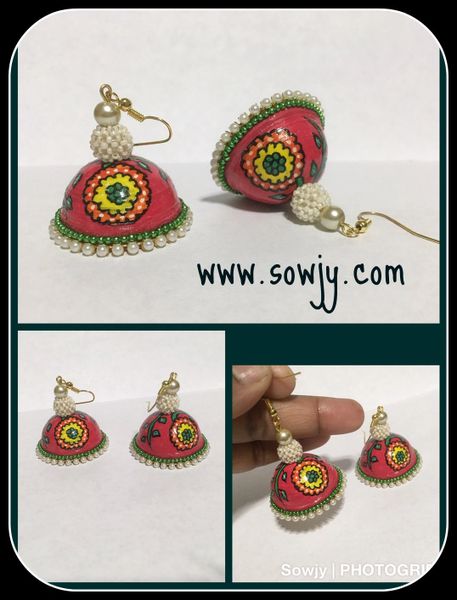 Kalamkari Pattern Designer Floral Jhumkas in Red!!!!