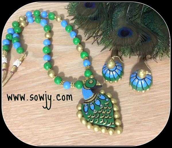 Lovely Handmade peacock terracotta Set with hanging Jhumkas- Green and Light Blue Shades!!!