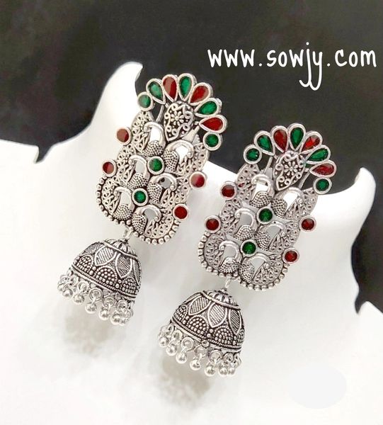 Designer Peacock Long Studded Jhumkas- Red and Green Stones!!!