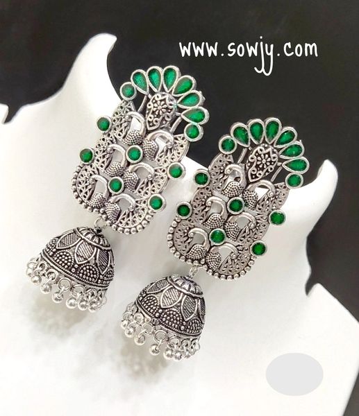 Designer Peacock Long Studded Jhumkas- Green Stones!!!