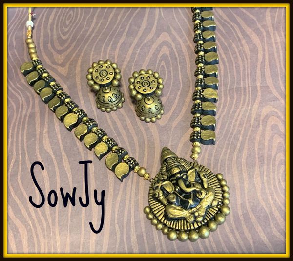 Long Ganesha terracotta Haaram with Mango Beads and Large Studded Jhumkas in Shades of Antique Gold!!!