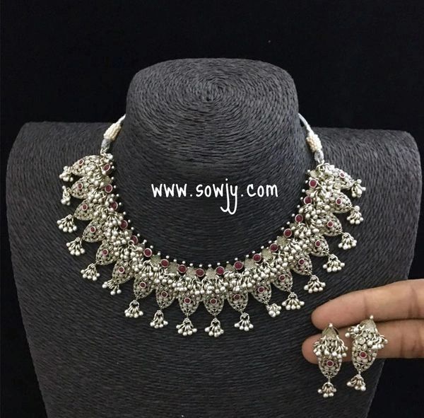 Designer Antique SIlver Plated Ghungroo Necklace with Ruby STones and Matching Studs!!!