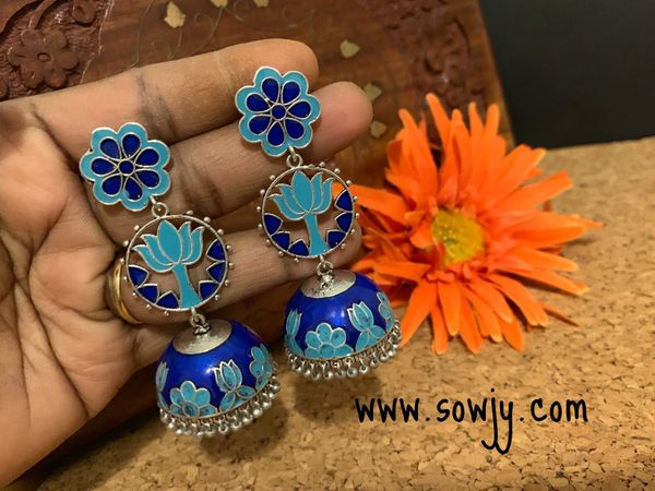 Long Enamel Floral Lotus Jhumkas In Light and Dark Blue Shade!!!