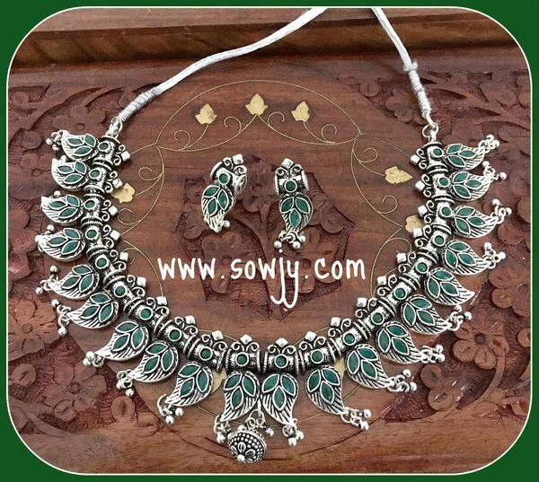 Lovely Maanga Shaped Oxidised Necklace and Studs with Emerald Stones!!!!