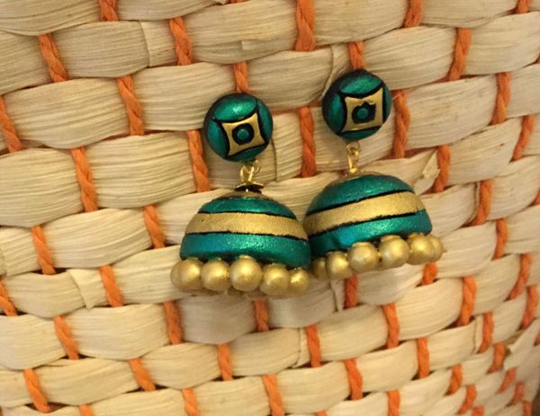 Terracotta Medium Sized Green and Gold Jhumkas!!!!!