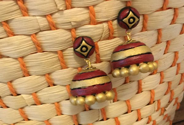 Terracotta Medium Sized Jhumkas in Maroon and Gold!!!!!