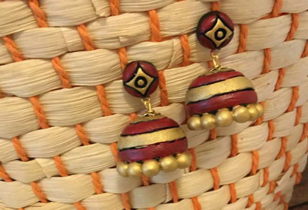 Terracotta Medium Sized Jhumkas in Maroon and Gold!!!!!