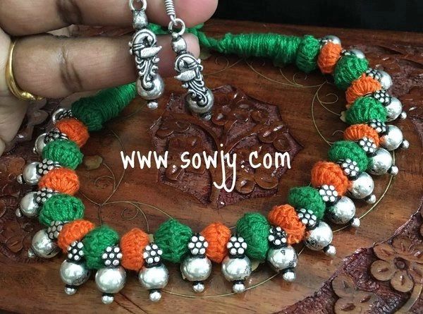 Orange and Green Cotton Threaded Simple Oxidised Necklace with Matching Earrings!!!