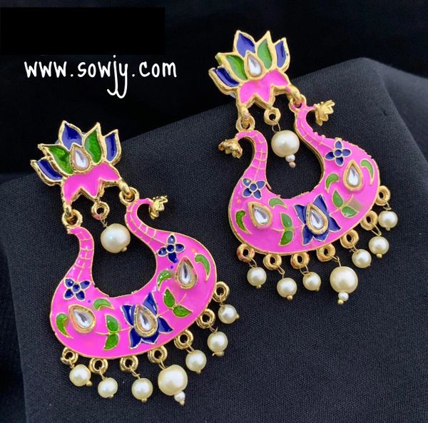 Trendy Long Enamel Floral Long Lotus Earrings- Pink,Blue and Green Shades!!!