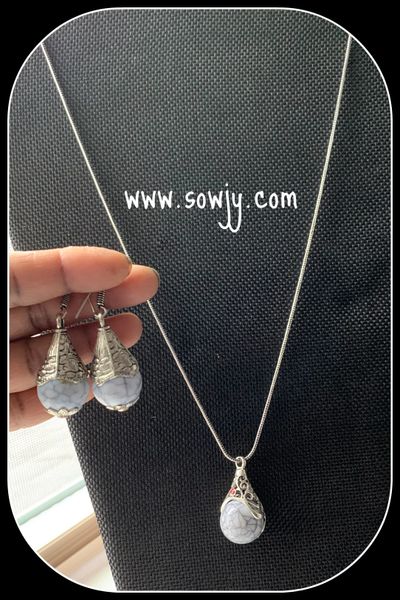 Simple Grey Tibetan Beaded Pendant in Long Oxidised Chain with Matching Earrings!!!!