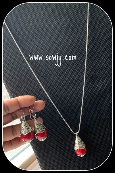 Simple RED Tibetan Beaded Pendant in Long Oxidised Chain with Matching Earrings!!!!