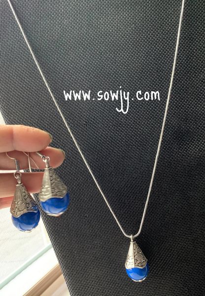 Simple BLUE Tibetan Beaded Pendant in Long Oxidised Chain with Matching Earrings!!!!