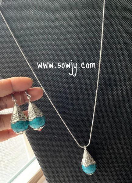 Simple TURQUOISE BLUE Tibetan Beaded Pendant in Long Oxidised Chain with Matching Earrings!!!!
