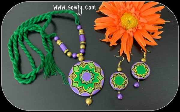 Green and Purple Floral pendant and Earrings in Green Long Rope!!!!