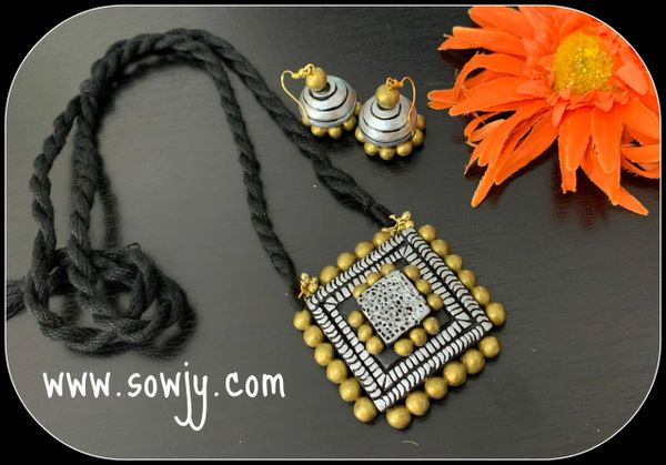 Silver and Gold Square Pendant and Jhumkas in Long Black Rope!!!!