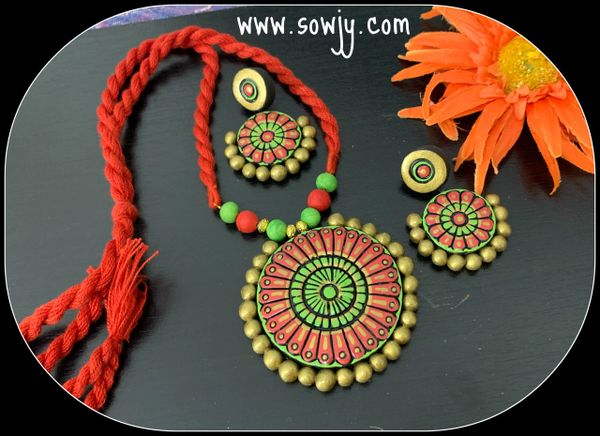 Big Sized pendant and Big Bali Earrings in Shades of Orangeish Red and Light Green!!!!