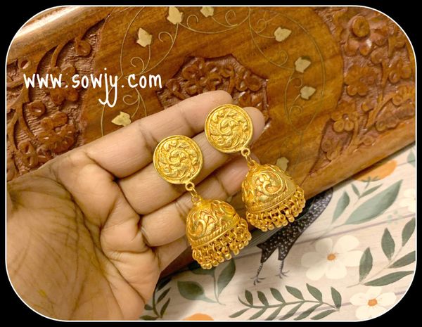 Lovely Geru Gold Polished Long Big Size Floral Jhumkas!!!!
