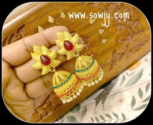 Big Floral Studded Antique Golden Long Jhumkas with Red and Green Stones!!!