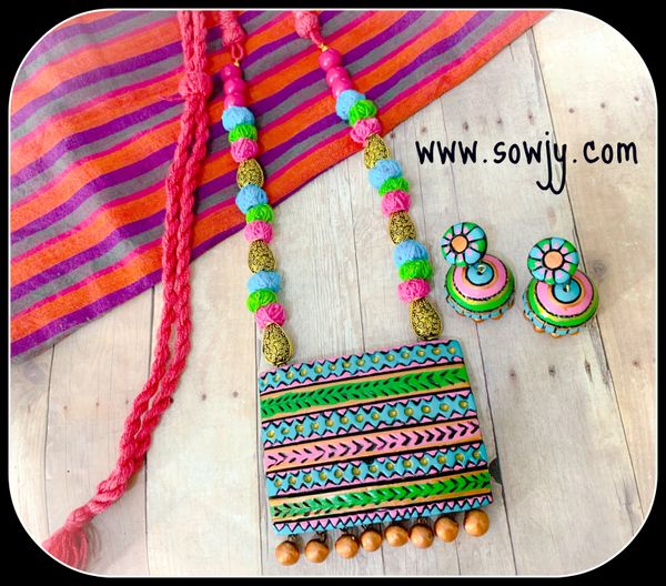 Vibrant Self Designed Square Terracotta Pendant and Jhumkas with Cotton Thread Beads-Shades of Green,Pink and Blue!!!