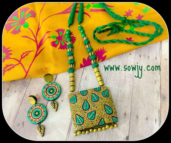 Lovely Leaf Designer Square Terracotta Pendant Set with Light Weighted Earrings-Shades of Gold and Green!!!