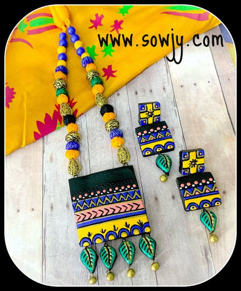 Multi-Color Self Designer Square Terracotta Pendant with Matching Earrings!!!!