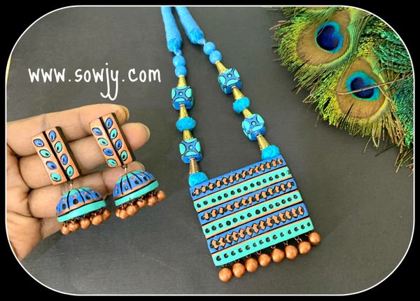 Self Designer Square Terracotta Pendant with Long Studded leaf Jhumkas- Shades of Turquoise Blue,Green and Copper!!!