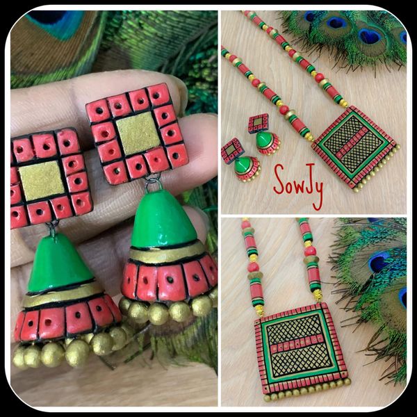 Square Checkers Terracotta Pendant and Long Conical Jhumkas with Designer Beads- Red and Green Shades with Gold!!!