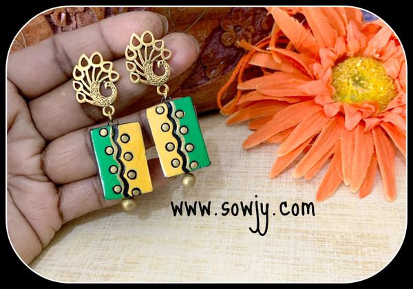 Green and Yellow ZIG ZAG Design Terracotta earrings!!!