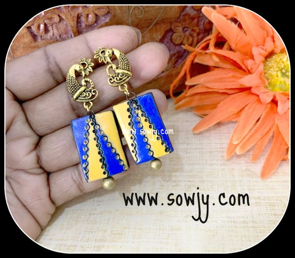 Blue and Yellow Terracotta earrings with peacock Studs!!!!