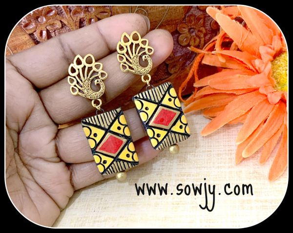 Red and Yellow Designer terracotta Earrings with peacock Studs!!!!