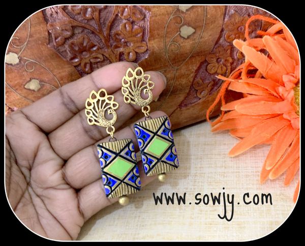 Blue and Green Terracotta earrings with Peacock Studs!!!!