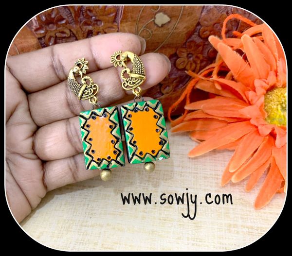 Green and Orange Terracotta Earrings- Peacock Studs!~!