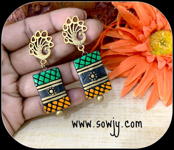 Orange,Green and Black Terracotta earrings-Peacock Studs!!!