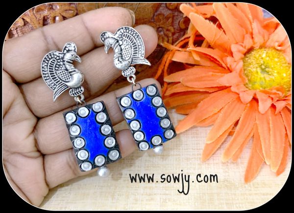Blue and SIlver Terracotta earrings with peacock studs!!!!