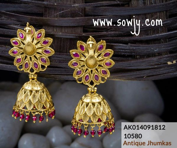 Peacock Antique Golden Jhumkas with Red Stones !!!!!